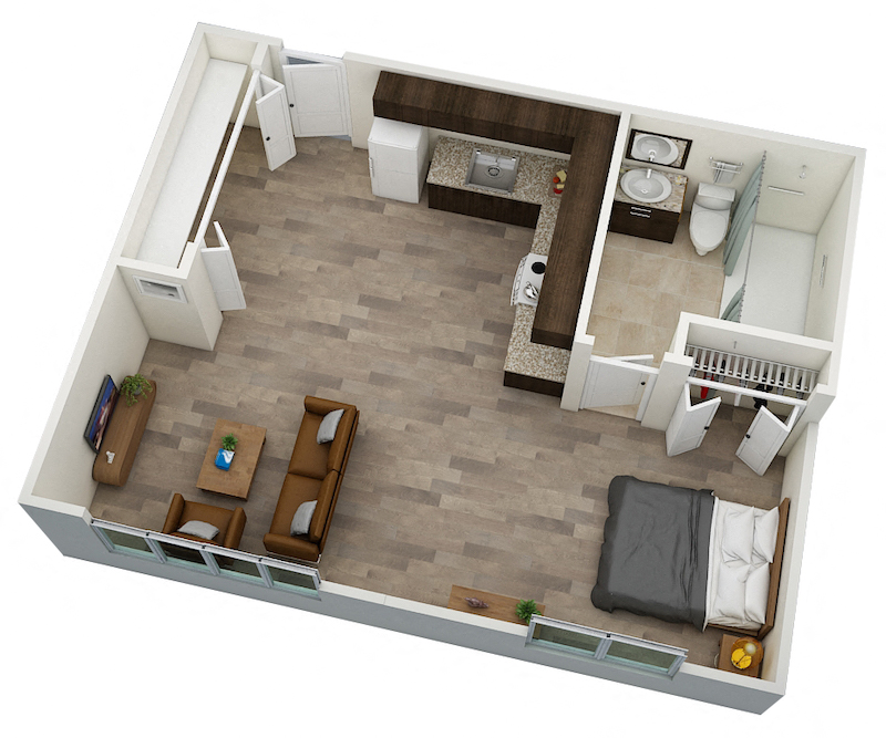 Floor plan for studio, 1 bath, 409 sqft